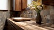 © Vitalii - Modern kitchen countertop with a wooden countertop and a vase of yellow flowers on it. the countertop is made of light-colored wood and has a rectangular shape with a smooth surface.