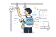 © Viacheslav - Public transport with wearable cooler. A person standing in a subway wearing a portable cooling device, abstract floating lines and