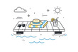 © Viacheslav - Floating docks relaxation. Abstract editorial composition with dock planks, water lines, sun or cloud icons, and minimal personal items.
