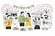 © Марія Томилович - Spring food festivals. People enjoying seasonal street food under blooming trees, with decorative flags, food trucks, and small plates in hand, creating a