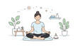 © Viacheslav - Mindful morning routines at home. Short meditation moment on the floor or chair, relaxed posture and closed eyes, minimal interior with plants, sense of