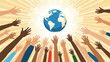 © Amlie - Diverse group of hands in various skin tones reaching up towards a central globe against a glowing sunburst background.