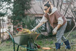 © olezzo - Young woman putting dry grass and leaves into wheelbarrow while cleaning backyard in spring.