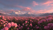 © standret - Expansive field of pink roses in full bloom with majestic snow-capped mountains and colorful sky at sunset, creating a stunning natural landscape