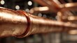 © standret - Close-up view of a copper pipe joint with a shiny surface, showcasing detailed texture and reflections in an industrial setting with blurred background lights