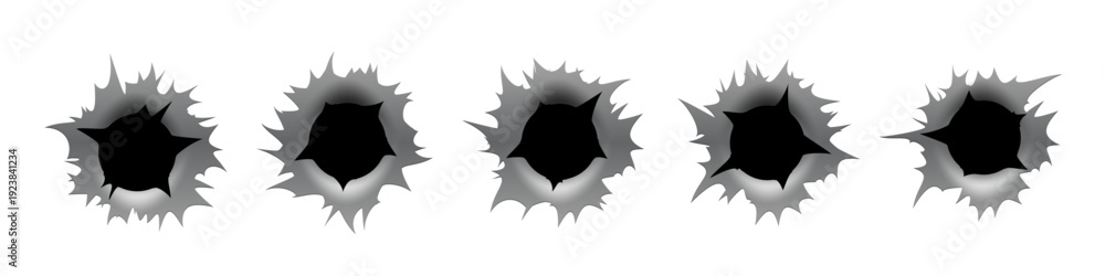 Bullet hole gun mark effects set. Dark impact shapes with torn edges ...