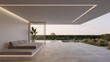 © Beatrice - A contemporary open-plan lounge with a long low seating platform integrated ambient lighting and panoramic views of a landscaped garden tiled patio and water feature at dusk