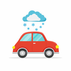  Cartoon red car with falling snow from a blue cloud, weather concept.