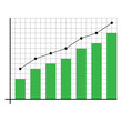 © Tomanna - Increasing green bar chart and upward trend line with black data points on a coordinate grid representing financial success or business growth