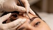 © W.O.W - Woman undergoing eyebrow tinting procedure. Cosmetologist applies brown henna to enhance eyebrow shape and color. Beauty salon treatment, face care.