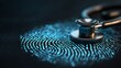 © TensorSpark - Stethoscope on glowing fingerprint representing digital health and identity internet safety, combining medical device, biometric, and cybersecurity concept.