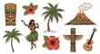 © Márcia - Hawaiian Island Travel Destination Icons: Tiki Mask Hula Dancer Volcano Palms Guitar
