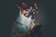 © A - Charming dog faces nighttime fear with smartphone. Heart of the city. Global cities are where progress takes its shape. Urban culture today. Life in motion.