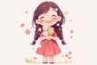 © Diana - Young girl with long hair, wearing delicate-colored clothes, joyfully holding bouquet of flowers, surrounded by soft pastel background, capturing innocence and happiness in whimsical illustration.