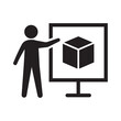 © bibin - Vector illustration of a person presenting a 3D cube on a projection screen. Minimalist icon representing product launches, logistics, technical training, and architectural presentations.