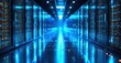 © antishock - Data center interior. Rows servers glow blue. Modern technology infrastructure, digital storage visible. Dark room, intense lighting.