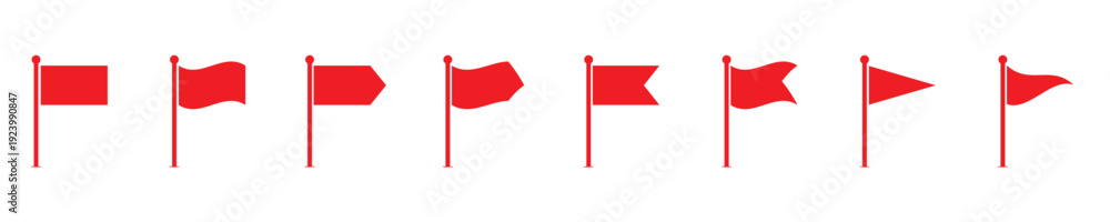 Collection of eight distinct red flags presented on poles in a linear ...