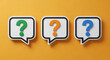 © Mohammad - Three distinct speech bubbles, each containing a different colored question mark, are arranged neatly in a row on a solid orange background.