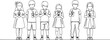 © Ajmira - Continuous line art drawing of diverse group of young children and teenagers standing in a row holding smartphones and drinking takeaway soda cups