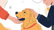 © Rubell - Close up of a man and a woman gently petting a friendly golden retriever dog from both sides showing affection and bond.