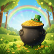 © Jim - traditional st patrick day cauldron full of golden coins, rainbow behind, green beer, leprechaun hat , blurred confetti flying around, isolated on a green background. St. Patrick's Day / Irish Celebra