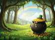 © Jim - traditional st patrick day cauldron full of golden coins, rainbow behind, green beer, leprechaun hat , blurred confetti flying around, isolated on a green background. St. Patrick's Day / Irish Celebra