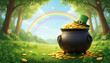 © Jim - traditional st patrick day cauldron full of golden coins, rainbow behind, green beer, leprechaun hat , blurred confetti flying around, isolated on a green background. St. Patrick's Day / Irish Celebra