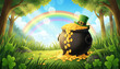© Jim - traditional st patrick day cauldron full of golden coins, rainbow behind, green beer, leprechaun hat , blurred confetti flying around, isolated on a green background. St. Patrick's Day / Irish Celebra