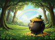 © Jim - traditional st patrick day cauldron full of golden coins, rainbow behind, green beer, leprechaun hat , blurred confetti flying around, isolated on a green background. St. Patrick's Day / Irish Celebra