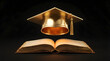 © AH Project - Golden graduation cap floating above open book for education success concept