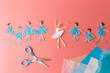 © Elena - Paper cut ballerinas dancing on pink background scissors tissue paper craft supplies creative diy art project for kids primary school education hobby handmade ballet dancers figures flat lay.
