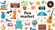 © Nasrin - Flea market vintage items illustration set flat vector collection of retro objects and second hand goods isolated on light background
