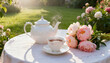 © Oleksandr - Elegant outdoor tea party with a steaming teapot, delicate teacup, and a beautiful bouquet of fresh pink peonies on a white tablecloth in a sunny garden setting