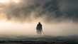 © Ilmi - Mysterious Warrior Standing Tall in a Misty Battlefield Landscape Surrounded by Fog and Mountains at Dawn