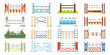 © RPO YEN - Equestrian Show Jumping Obstacles Set, Rails and Brick Wall Columns, Vector Flat Illustration of Horse Riding Equipment for Sport Competition, Training, and Performance