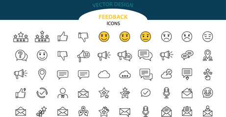  Vector collection of feedback and rating line icons including emojis, stars, comments, likes, messages and customer review symbols