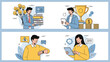 © Roland - Four business scenarios showing professionals handling books, winning a trophy, managing time, and using a tablet.