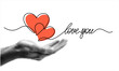 © mitay20 - Halftone hands red holding heart drawn one line. Valentines day greeting card. Concept of love, charity, hope. World heart day banner