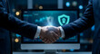 © solom - business handshake of two partners in suits with glowing shield and lock icons on computer screen in background representing secure partnership cyber security and data protection
