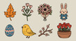 © vadymstock - A collection of spring-themed illustrations featuring a bunny, flowers, a bird, and an Easter egg in a playful vector style, perfect for seasonal designs and decorations