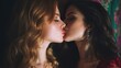 © mila103 - Two young women kissing in intimate moment with bold lip colors.