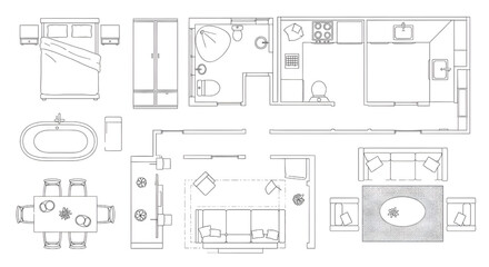 Naklejka na meble Furniture Top View Outline Icon Set – Bedroom, Kitchen, Bathroom, Dining and Living Room Interior Symbols