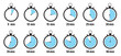 © ISHWARAN - Timer, clock, stopwatch isolated set icons. Countdown timer symbol icon set. Label cooking time. Vector illustration.Set of analog clocks for every hour icon.Stopwatch icon from 1 to 60 minute timer