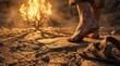 © AlfaSmart - Man stands barefoot before a burning bush, with sandals on the ground. Biblical story of Moses at Horeb for religious concept.