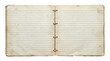 © Vitalo4ok - Open blank vintage notebook with lined paper pages bound with twine, old diary on a transparent background.