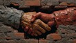 © Atmospheric stock - Stone hands shaking in symbolic unity against brick background