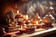 © Atmospheric stock - Ganesh idol and lit candles on vibrant altar with incense smoke