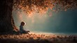 © Atmospheric stock - Young caucasian child reading under autumn tree in serene nature setting