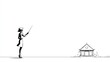 © Mundhut - A woman in a dress points towards a building, minimalist line art style on a white background