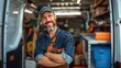© NENI - Smiling bearded man in cap and overalls stands proudly inside his organized work van